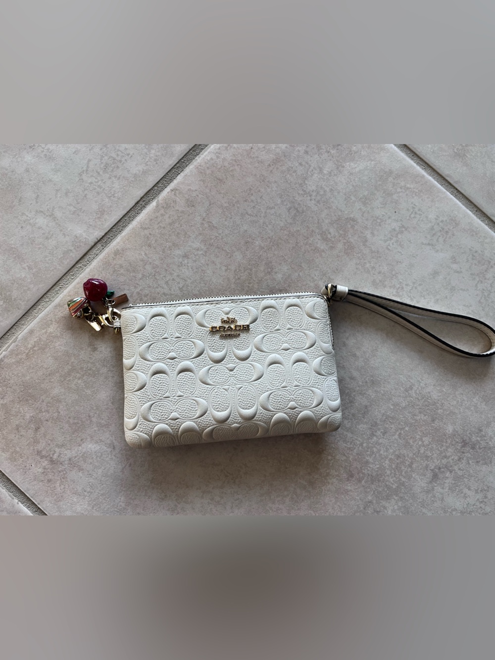 Coach White Embossed Signature Wristlet with Charm